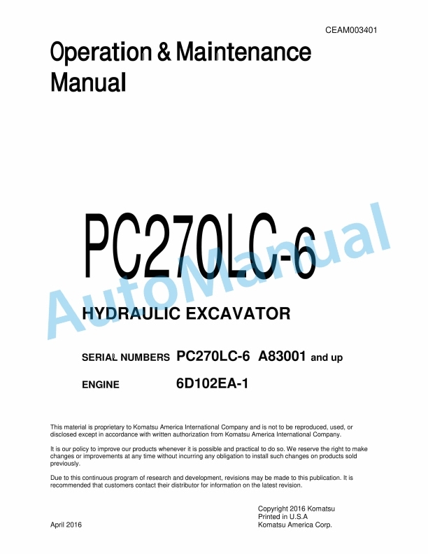 Komatsu PC270LC-6 Hydraulic Excavator Operation and Maintenance Manual CEAM003401