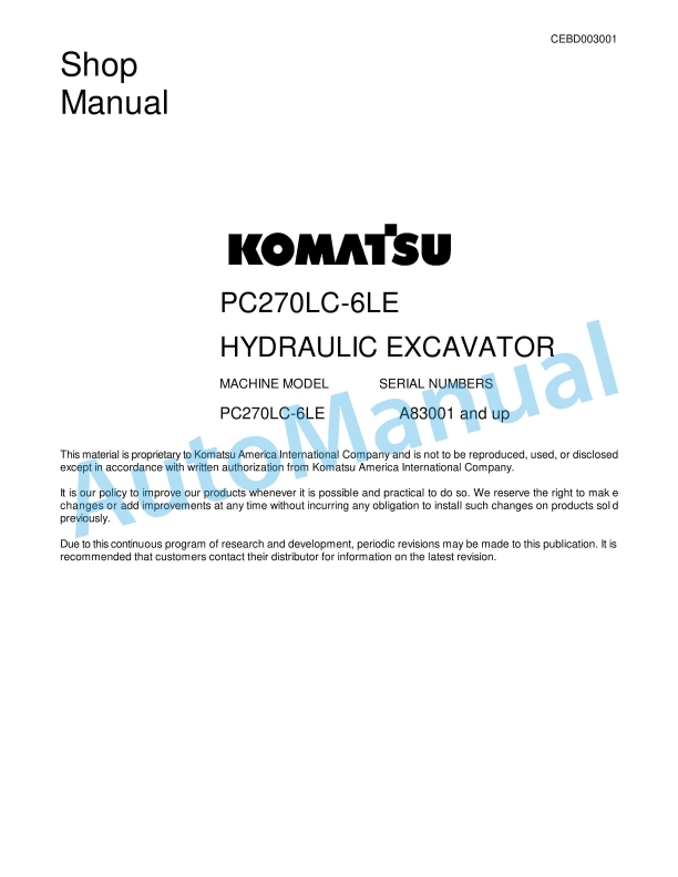 Komatsu PC270LC-6LE Hydraulic Excavator Shop Manual CEBD003001
