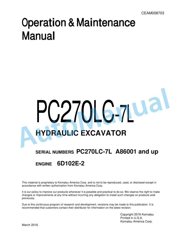 Komatsu PC270LC-7L Hydraulic Excavator Operation and Maintenance Manual CEAM008703