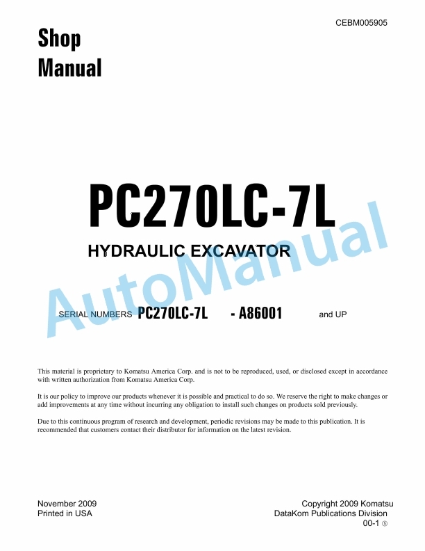 Komatsu PC270LC-7L Hydraulic Excavator Shop Manual CEBM005905