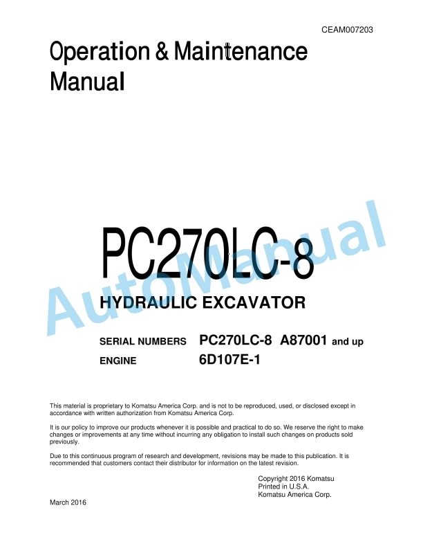 Komatsu PC270LC-8 Hydraulic Excavator Operation and Maintenance Manual CEAM007203