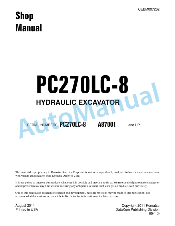 Komatsu PC270LC-8 Hydraulic Excavator Shop Manual CEBM007202
