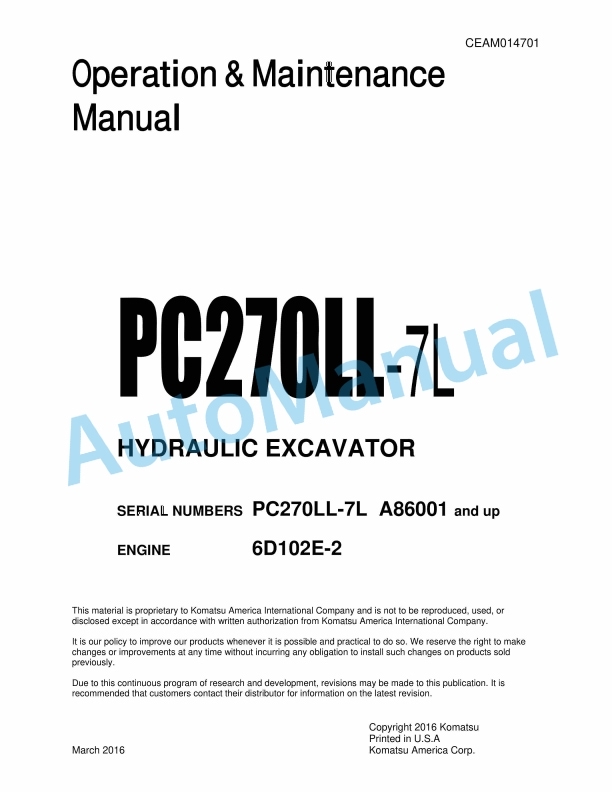 Komatsu PC270LL-7L Hydraulic Excavator Operation and Maintenance Manual CEAM014701