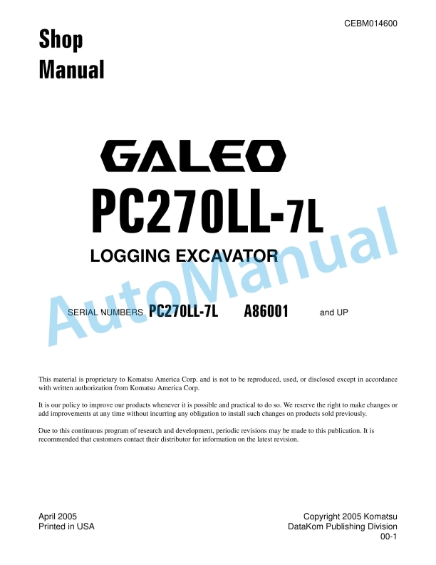 Komatsu PC270LL-7L Logging Excavator Shop Manual CEBD014600