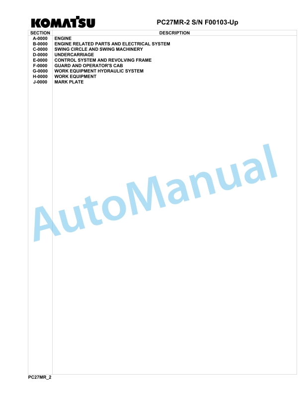 Komatsu PC27MR-2 Hydraulic Excavator Parts Manual F00103-up