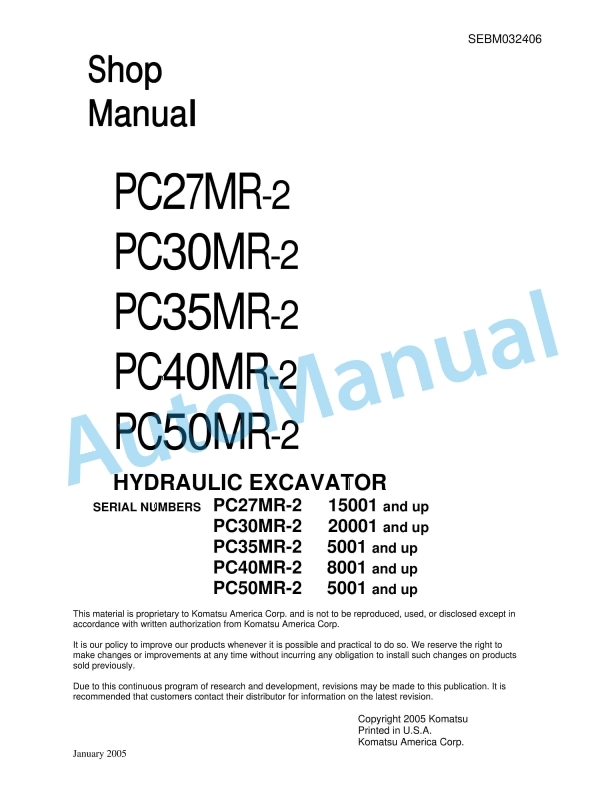 Komatsu PC27MR-2, PC30MR-2, PC35MR-2, PC40MR-2, PC50MR-2 Hydraulic Excavator Shop Manual SEBM032406
