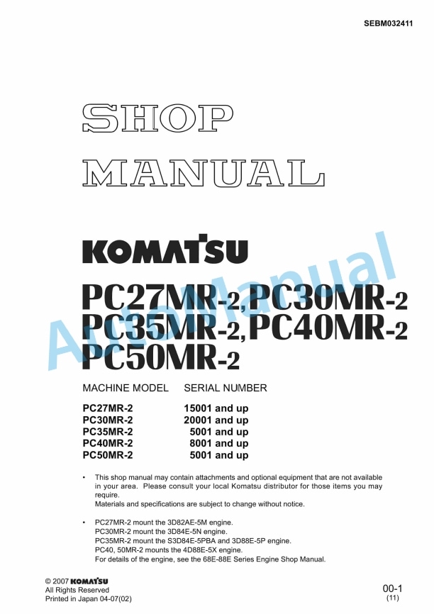 Komatsu PC27MR-2, PC30MR-2, PC35MR-2, PC40MR-2, PC50MR-2 Shop Manual SEBM032411