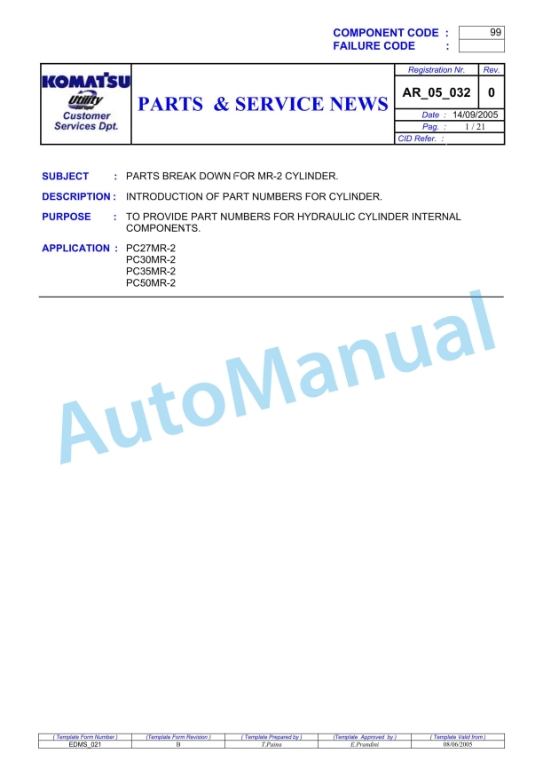 Komatsu PC27MR-2, PC30MR-2, PC35MR-2, PC50MR-2 Hydraulic Excavator Parts Manual