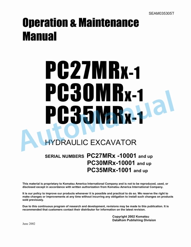 Komatsu PC27MRX-1, PC30MRX-1, PC35MRX-1 Hydraulic Excavator Operation and Maintenance Manual SEAM035305T