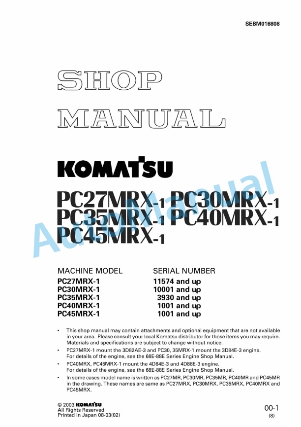 Komatsu PC27MRX-1, PC30MRX-1, PC35MRX-1, PC40MRX-1, PC45MRX-1 Shop Manual SEBM016808