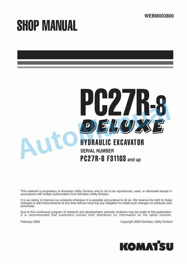 Komatsu PC27R-8 Deluxe Hydraulic Excavator Shop Manual WEBM003800