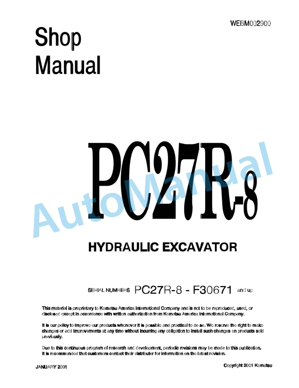 Komatsu PC27R-8 Hydraulic Excavator Shop Manual WEBM002900