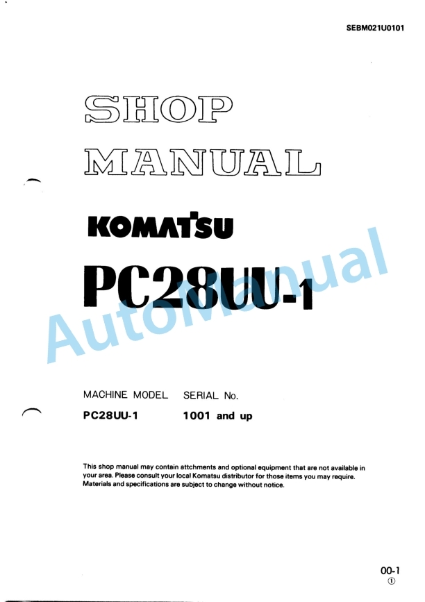 Komatsu PC28UU-1 Hydraulic Excavator Shop Manual SEBM021U0101