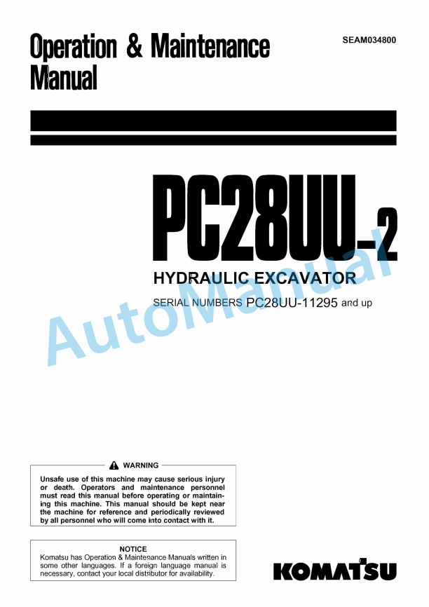 Komatsu PC28UU-2 Hydraulic Excavator Operation and Maintenance Manual SEAM034800