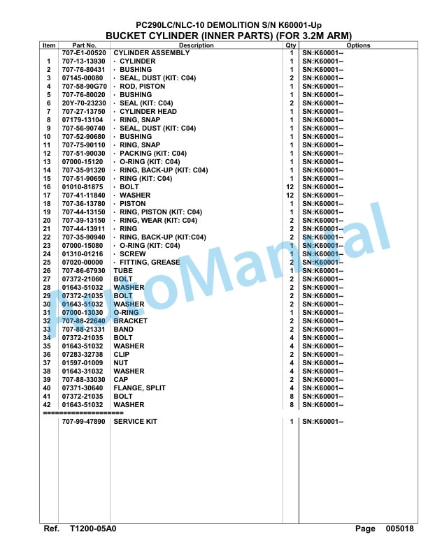 Komatsu PC290LC-10, PC290NLC-10 Demolition Hydraulic Excavator Parts Manual K60001-UP-5