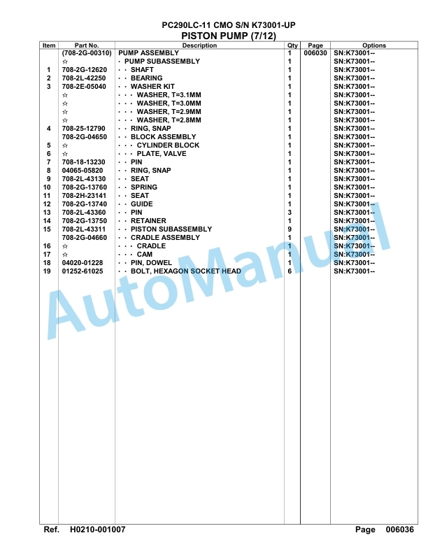 Komatsu PC290LC-11 CMO Hydraulic Excavator Parts Manual K73001-UP-3