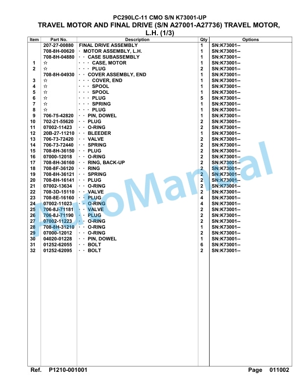 Komatsu PC290LC-11 CMO Hydraulic Excavator Parts Manual K73001-UP-5