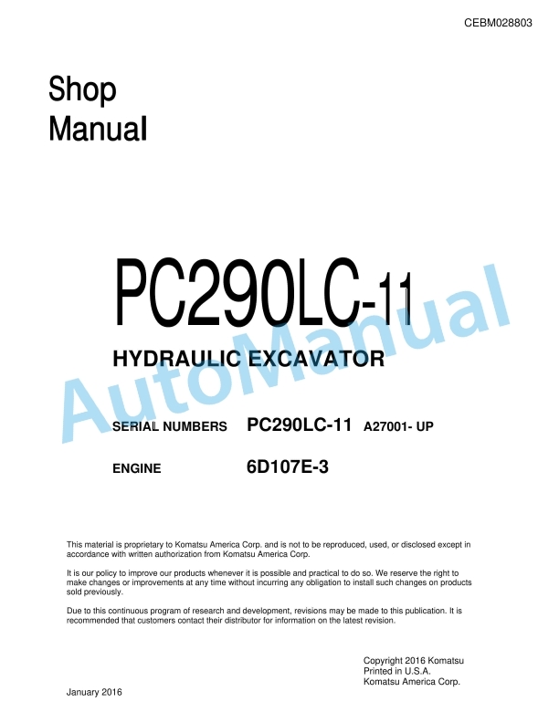 Komatsu PC290LC-11 Hydraulic Excavator Shop Manual CEBM028803