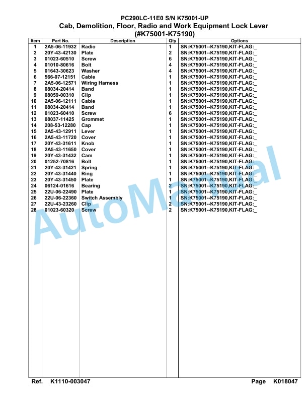 Komatsu PC290LC-11E0 Hydraulic Excavator Parts Manual PC00062U-4