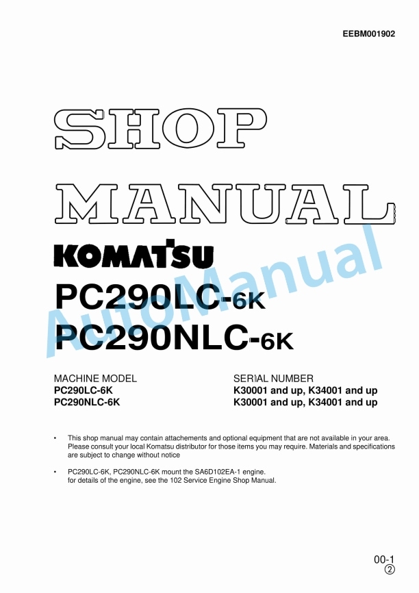 Komatsu PC290LC-6K, PC290NLC-6K Hydraulic Excavator Shop Manual EEBM001902