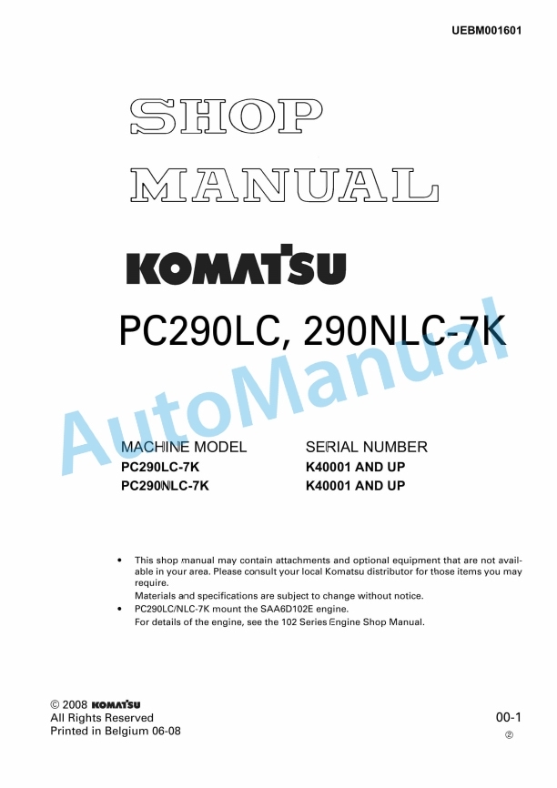 Komatsu PC290LC-7K, PC290NLC-7K Hydraulic Excavator Shop Manual UEBM001601