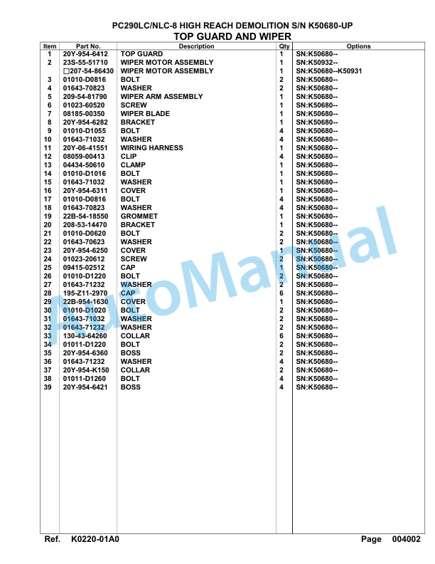 Komatsu PC290LC-8, PC290NLC-8 Hinght Reach Demolition Hydraulic Excavator Parts Manual K50680-UP-2