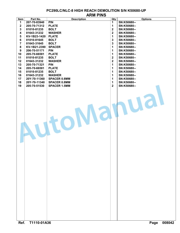 Komatsu PC290LC-8, PC290NLC-8 Hinght Reach Demolition Hydraulic Excavator Parts Manual K50680-UP-5
