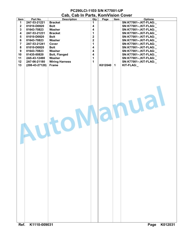 Komatsu PC290LCI-11E0 Hydraulic Excavator Parts Manual PC00088U-4