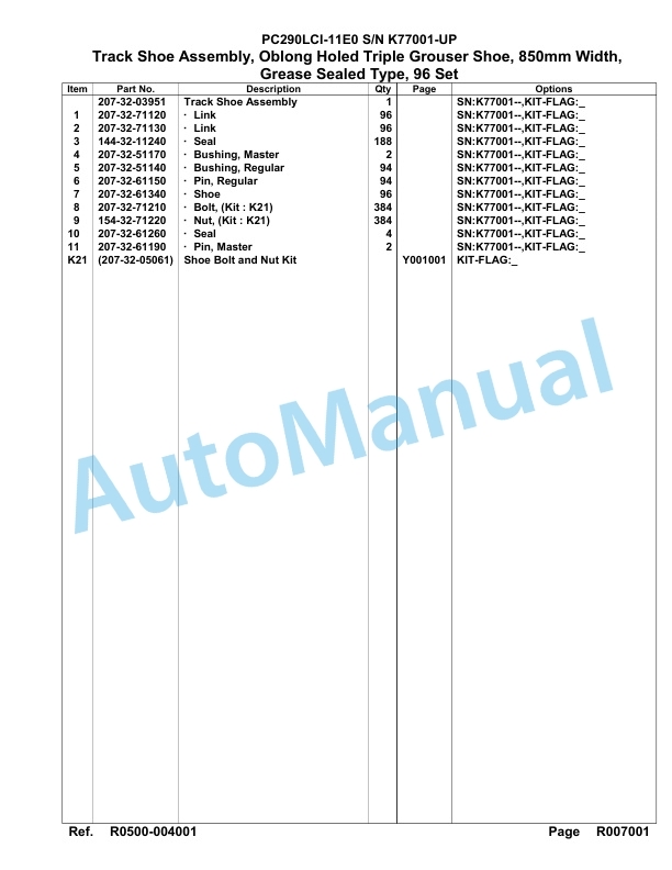 Komatsu PC290LCI-11E0 Hydraulic Excavator Parts Manual PC00088U-5