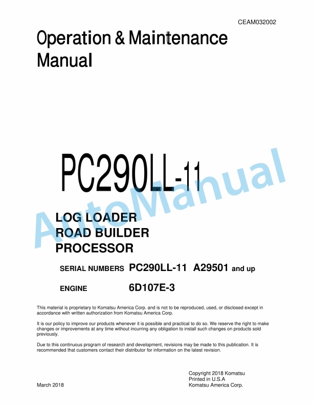Komatsu PC290LL-11 Log Loader Operation and Maintenance Manual CEAM032002