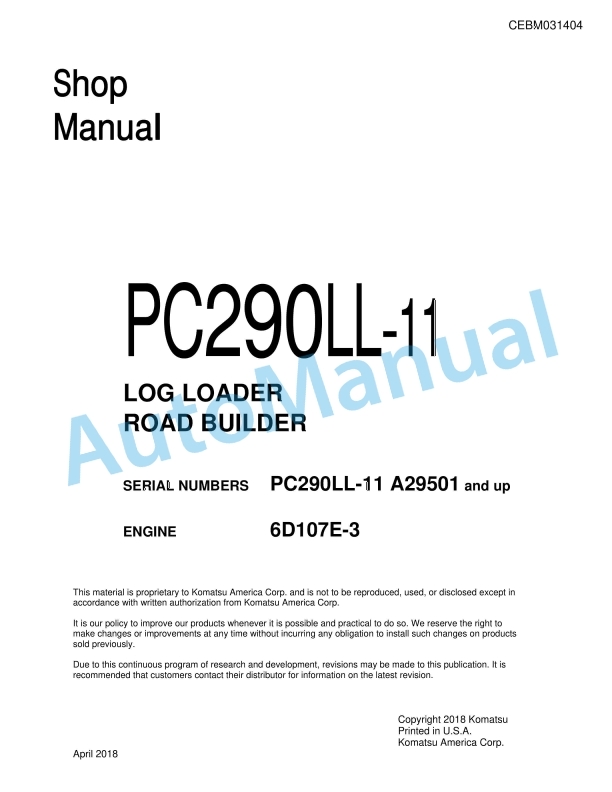 Komatsu PC290LL-11 Log Loader Shop Manual CEBM031404