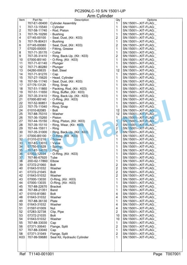 Komatsu PC290NLC-10 Hydraulic Excavator Parts Manual PC0000603U-5