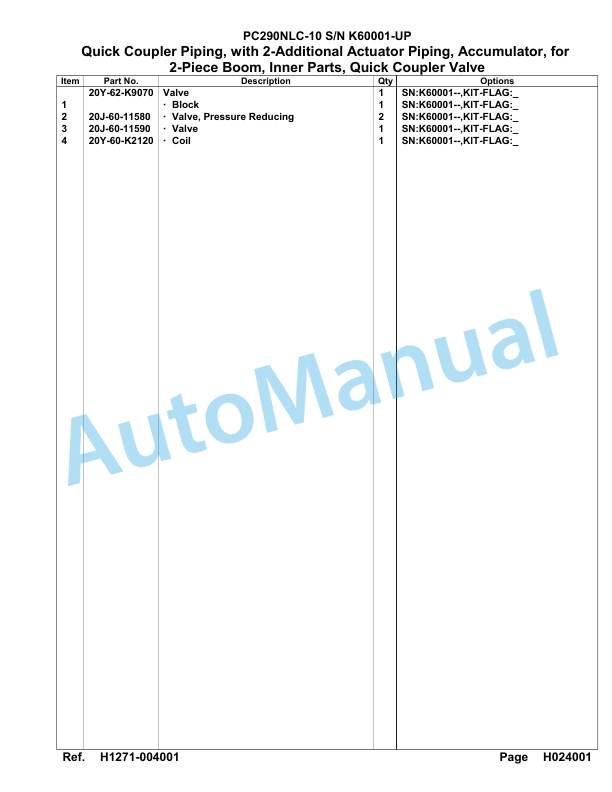 Komatsu PC290NLC-10 Hydraulic Excavator Parts Manual SAA6E2BU-3