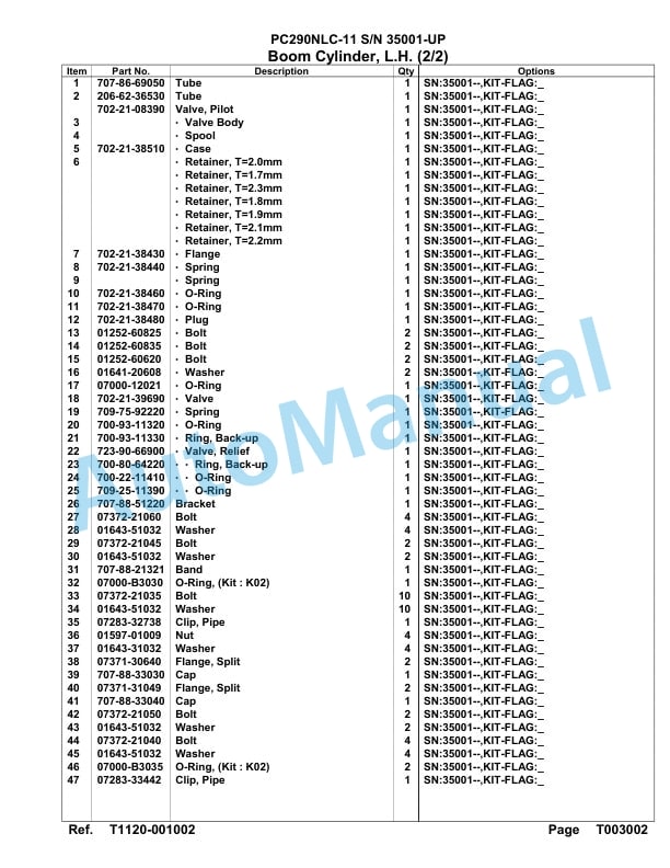 Komatsu PC290NLC-11 Hydraulic Excavator Parts Manual 35001-UP-5