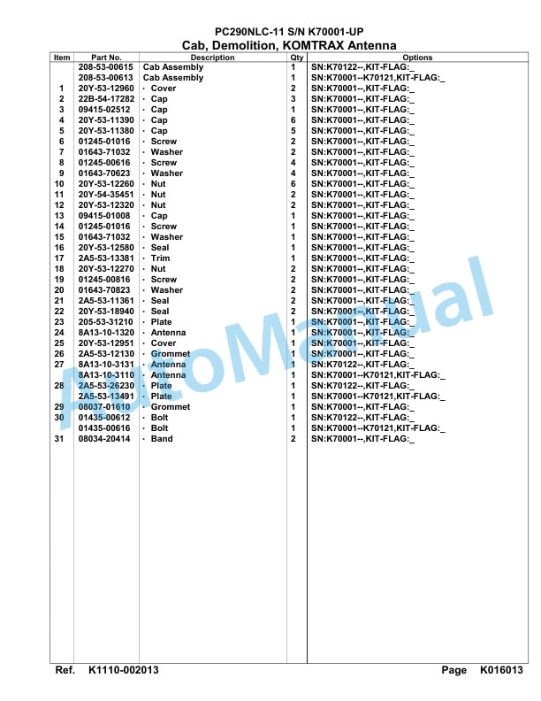 Komatsu PC290NLC-11 Hydraulic Excavator Parts Manual PC00012U-4