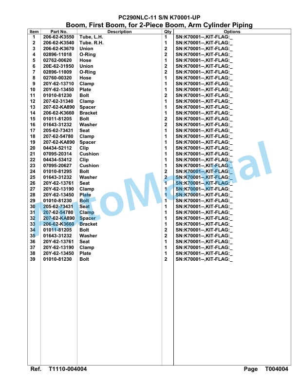 Komatsu PC290NLC-11 Hydraulic Excavator Parts Manual PC00012U-5