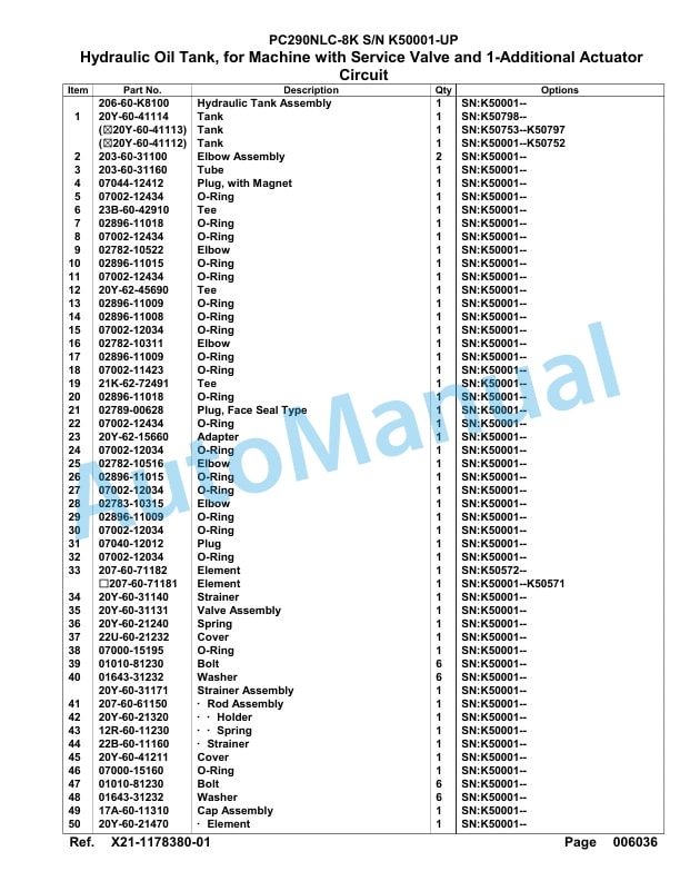 Komatsu PC290NLC-8K Hydraulic Excavator Parts Manual K50001-UP-2