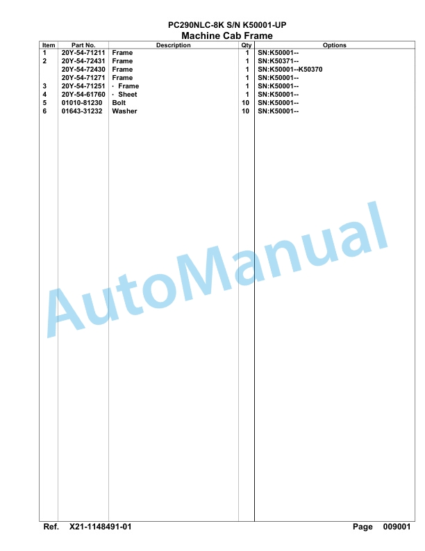 Komatsu PC290NLC-8K Hydraulic Excavator Parts Manual K50001-UP-4