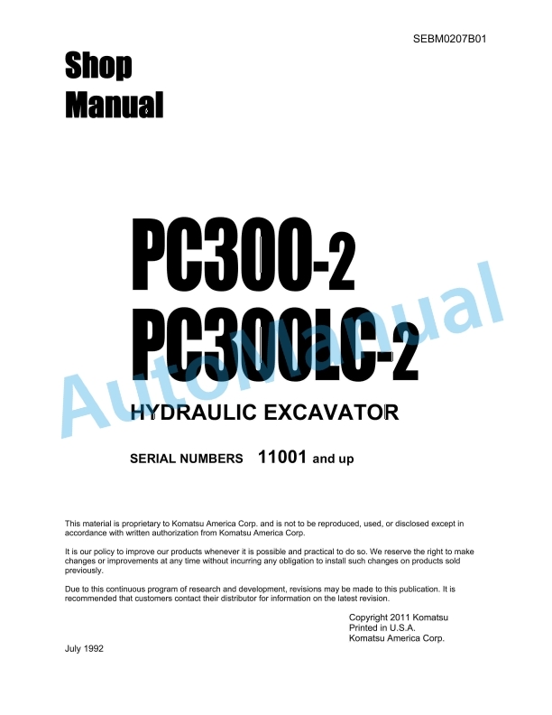 Komatsu PC300-2, PC300LC-2 Hydraulic Excavator Shop Manual SEBM0207B01