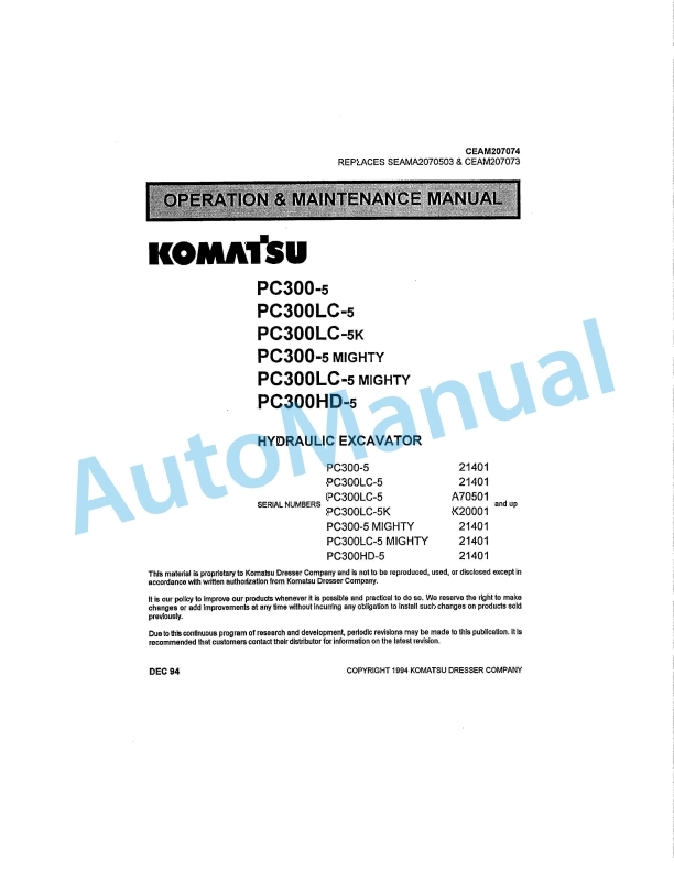 Komatsu PC300-5, PC300LC-5, PC300LC-5K, PC300-5 Mighty, PC300LC-5 Mighty, PC300HD-5 Hydraulic Excavator Operation and Maintenance Manual CEAM207074