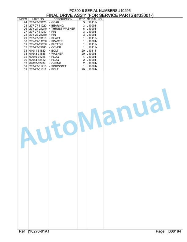 Komatsu PC300-6 Hydraulic Excavator Parts Manual J10295-5