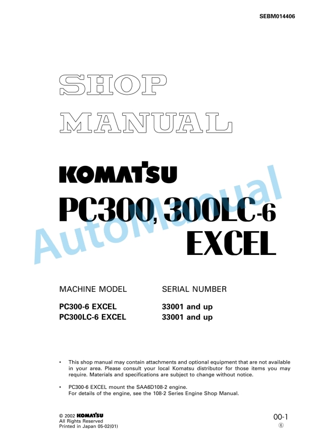 Komatsu PC300-6, PC300LC-6 Excel Shop Manual SEBM014406
