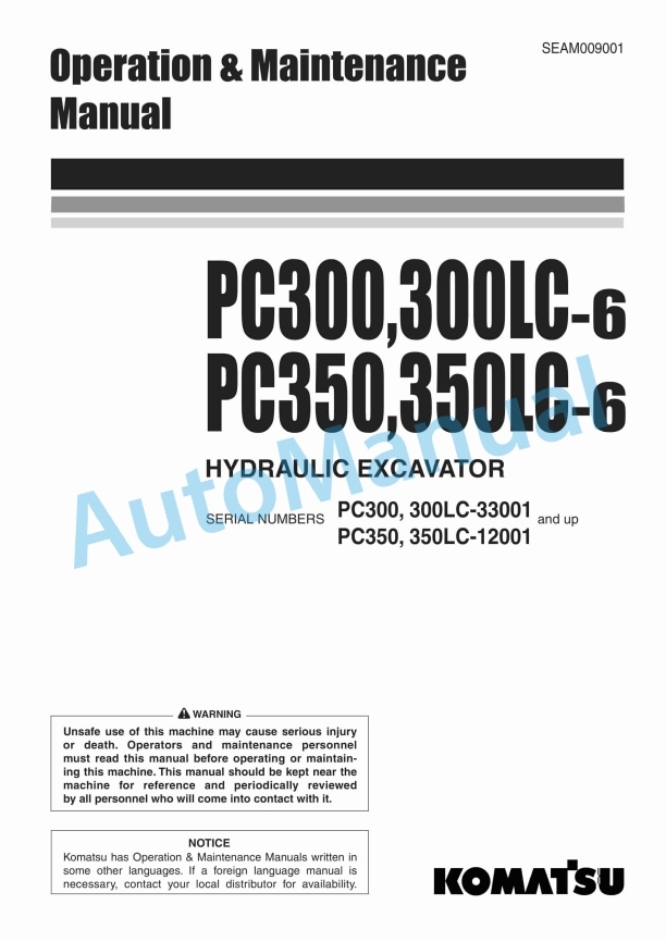Komatsu PC300-6, PC300LC-6, PC350-6, PC350LC-6 Hydraulic Excavator Operation and Maintenance Manual SEAM009001