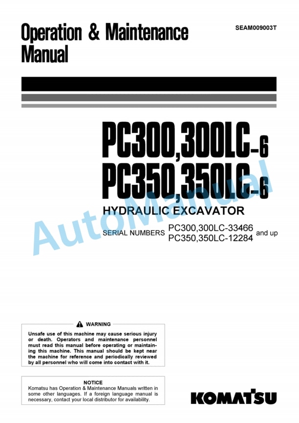 Komatsu PC300-6, PC300LC-6, PC350-6, PC350LC-6 Hydraulic Excavator Operation and Maintenance Manual SEAM009003T