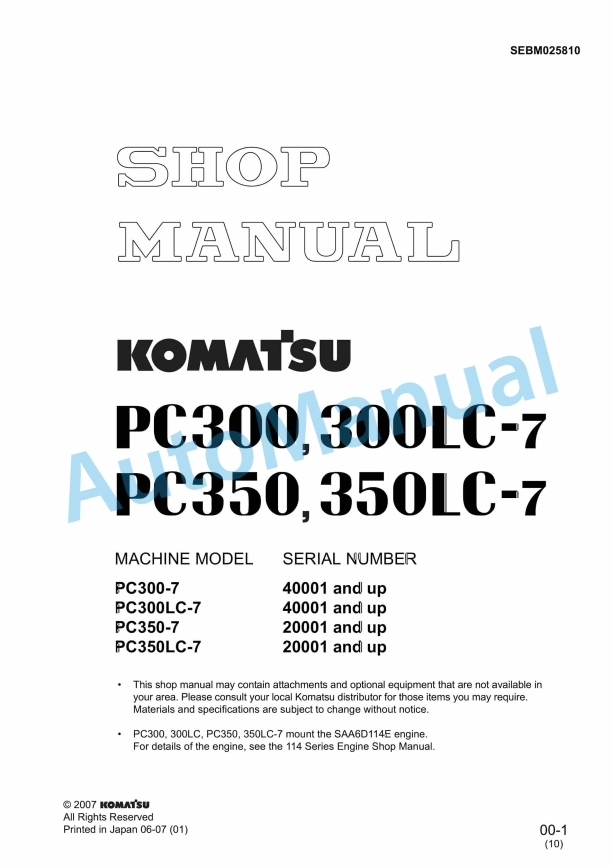 Komatsu PC300-7, PC300LC-7, PC350-7, PC350LC-7 Hydraulic Excavator Shop Manual SEBM025810