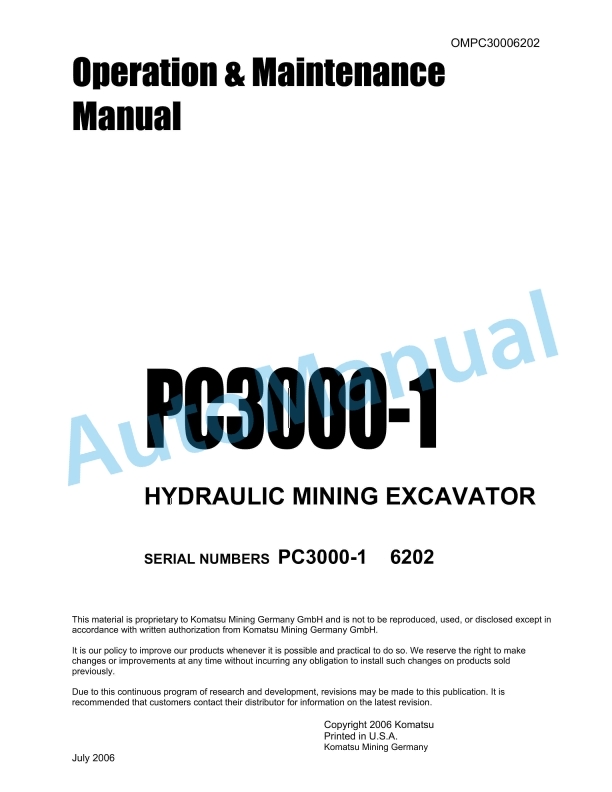 Komatsu PC3000-1 Hydraulic Mining Excavator Operation and Maintenance Manual OMPC30006202