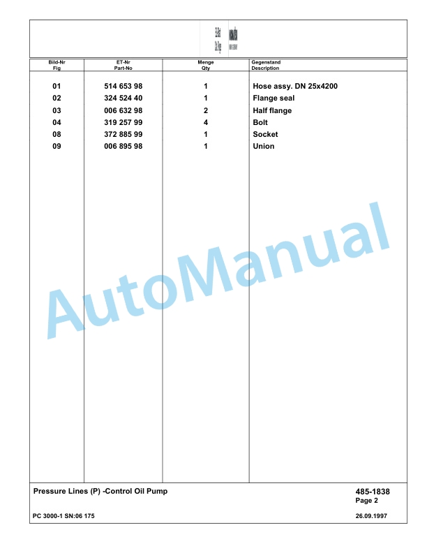 Komatsu PC3000-1 Hydraulic Mining Excavator Parts Manual G06175-3