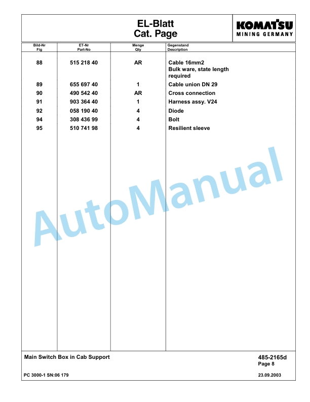 Komatsu PC3000-1 Hydraulic Mining Excavator Parts Manual G06179-4