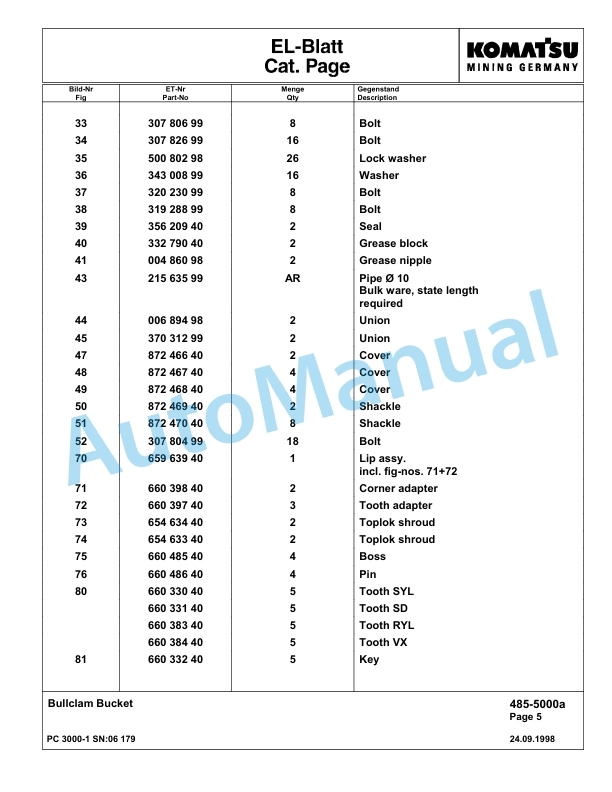 Komatsu PC3000-1 Hydraulic Mining Excavator Parts Manual G06179-5