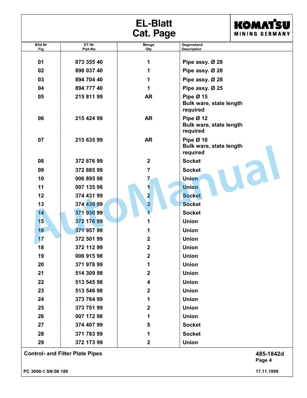 Komatsu PC3000-1 Hydraulic Mining Excavator Parts Manual G06180-3